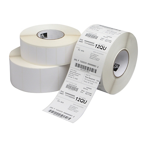Zwei Rollen weißer Etiketten vor neutralem Hintergrund. Eine Rolle zeigt ein fertig bedrucktes Versandetikett mit Barcodes.
