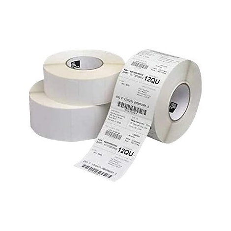Mehrere Rollen mit weißen Versandetiketten, eine Rolle ist abgerollt und zeigt bedruckte Barcodes.