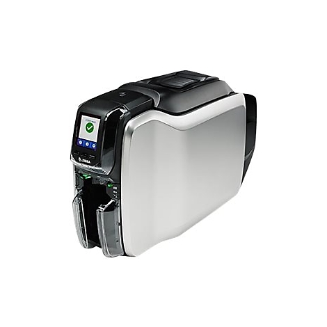 Karten-Drucker, schwarz und silber, mit Display und grÃ¼nem Haken.