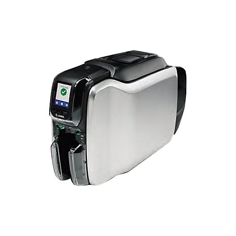 Karten-Drucker. Schwarz-silbernes GehÃ¤use, Display mit grÃ¼nem Haken. Zebra-Logo.