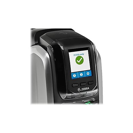 Schwarzer Kartendrucker mit Display, ZC300 ready und Haken-Symbol. Zebra Logo.