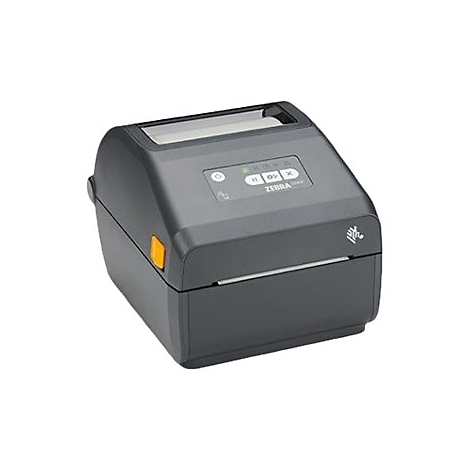 Imprimante d'Ã©tiquettes gris foncÃ©, panneau de commande avec boutons sur le dessus. Bouton orange sur le cÃ´tÃ©.
