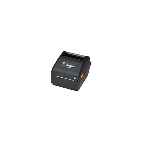 Imprimante d'Ã©tiquettes noire avec bouton orange et logo Zebra.