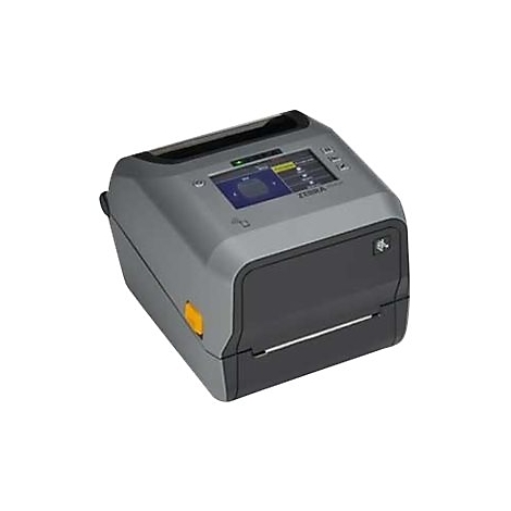 Grau-schwarzer Etikettendrucker mit Display, gelbem Knopf und Zebra-Logo.