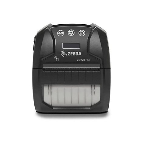Imprimante mobile noire avec Ã©cran, logo Zebra et nom du modÃ¨le ZQ220 Plus en haut.