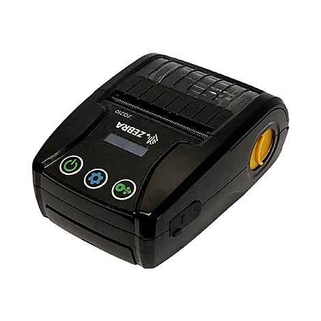 Schwarzer Zebra ZQ210 mobiler Drucker mit BedienknÃ¶pfen, Display und gelber Rolle.