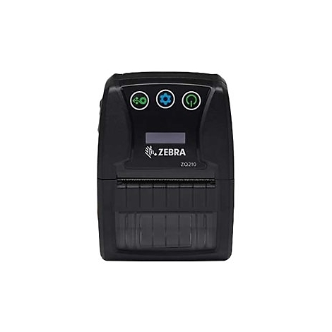 Schwarzer Zebra ZQ210 Thermodrucker. Oben befinden sich drei Symbole: Zahlung, Einstellung, Energie. Darunter das Zebra Logo und Modellbezeichnung.