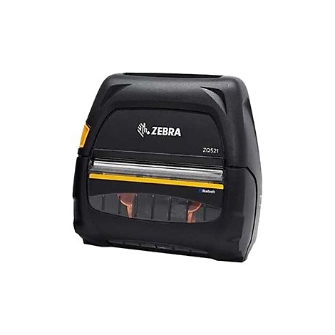 Schwarzer Zebra ZQ521 Drucker mit gelben Akzenten. Aufschrift Zebra und ZQ521.