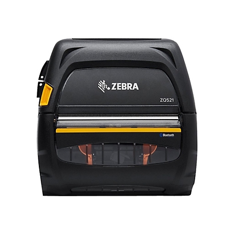 Schwarzer Zebra Drucker mit gelben Akzenten, ZQ521 Schriftzug und Bluetooth Logo.