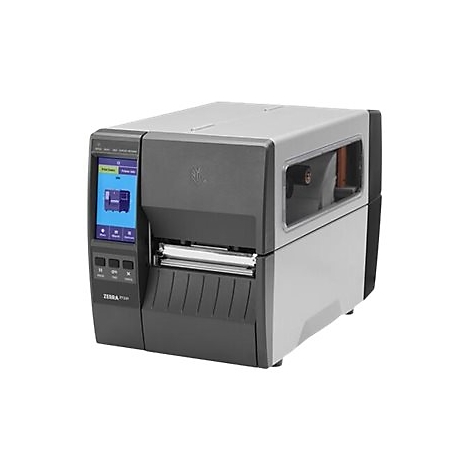 Drucker mit blauem Touchscreen, Zebra-Logo, schwarz-grau. Text: Zebra ZT411.