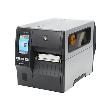 Drucker von Zebra, grau und schwarz, mit Touchscreen. Auf der Front ist der Schriftzug Zebra ZT411 zu sehen.