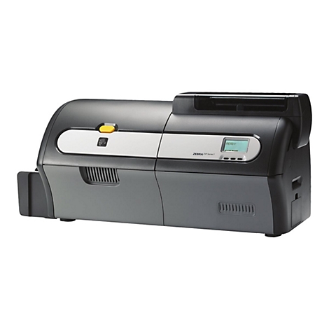Drucker ZXP Series 7 von Zebra, grau-schwarz, Display mit „READY“-Anzeige. Gelber Knopf.