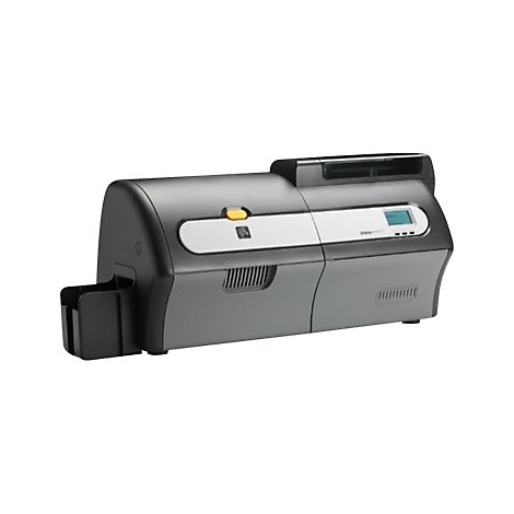 Graue Karten-Druckmaschine, Zebra-Logo. Mit Display und Kartenhalterung.