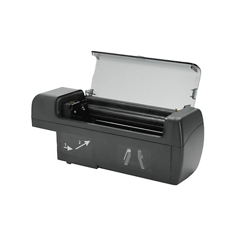 Schwarzer Schneideplotter mit geöffnetem transparenten Deckel.