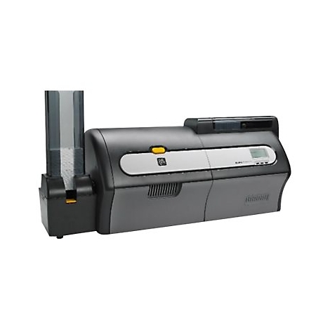 Schwarzer Kartendrucker mit gelben Akzenten, links ist ein transparenter Kartenhalter zu sehen.