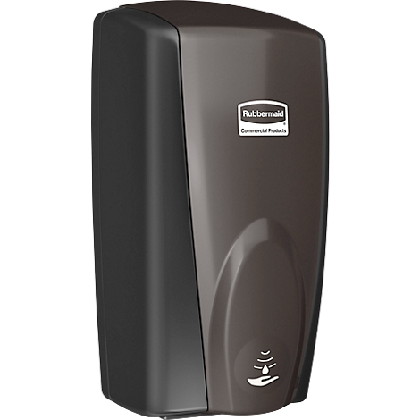 Donkerbruine zeepdispenser met Rubbermaid logo en sensor. Hieronder staat een symbool voor handen wassen.