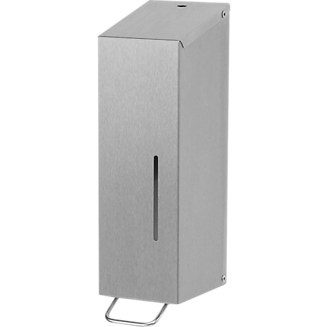 Roestvrijstalen zeepdispenser met kijkvenster en beugel. Grijs, hoekig, aan de muur. Kleine grijze vlek bovenop.