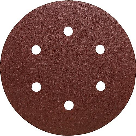 Ronde, bruine schuurschijf met zes gaten.