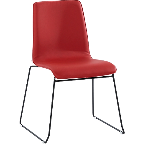Red chair with black frame, front view. Padded seat and backrest, minimalist design.