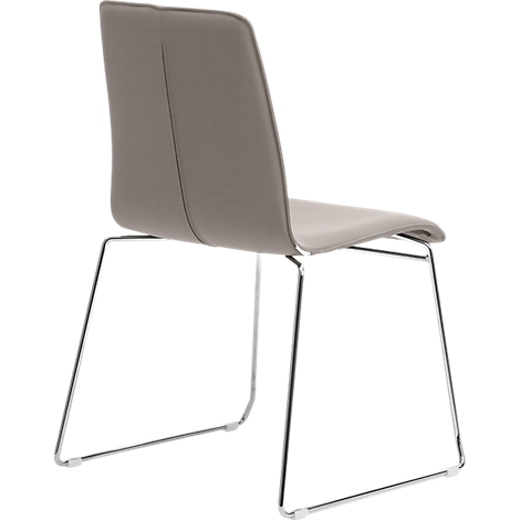 Gray chair from behind, leather-like seat, chrome frame. The backrest has a vertical seam.