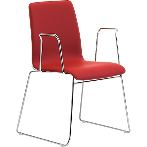 A red chair with a metal frame and armrests, against a white background.
