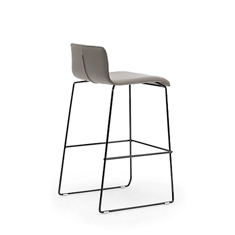 Gray bar stool against a white background. Black frame, seat and backrest in gray.
