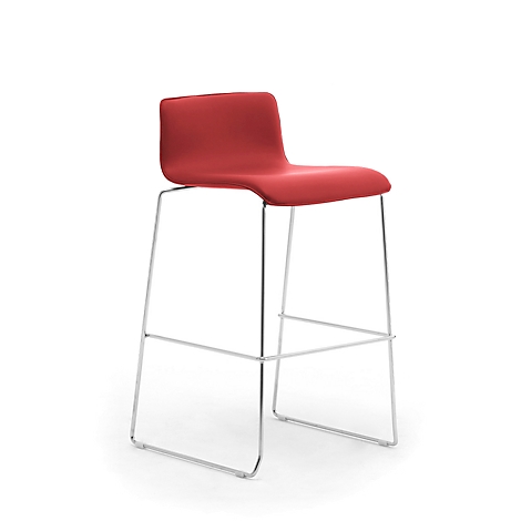 Red bar stool with chrome frame, against white background.