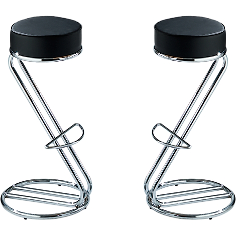 Two bar stools with black, round seats and chrome metal frame, against a white background.