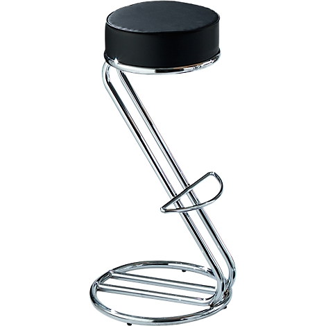 Black bar stool with a round seat on a chrome frame.