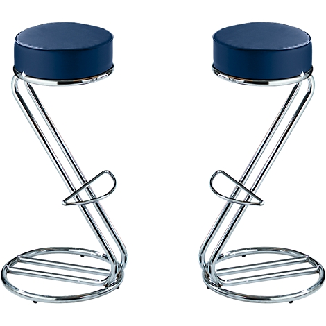 Two bar stools with blue seats and chrome frames are next to each other.