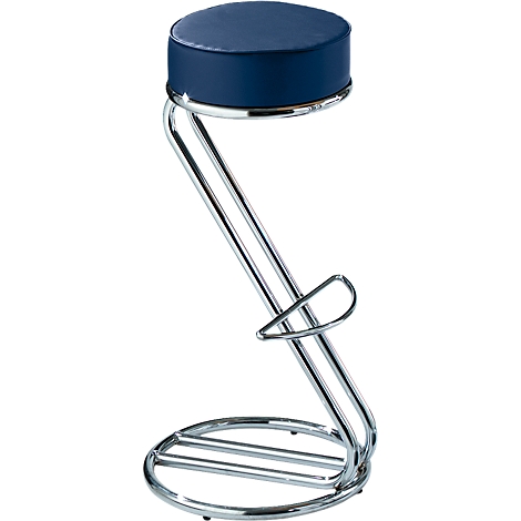 Blue bar stool with chrome frame. Round seat, curved legs with footrest.