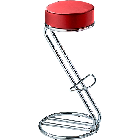 A bar stool with a red seat and a chrome frame, footrest, and base ring.