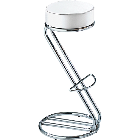 A bar stool with a white seat and chrome frame curved in an elegant shape. A footrest is integrated.