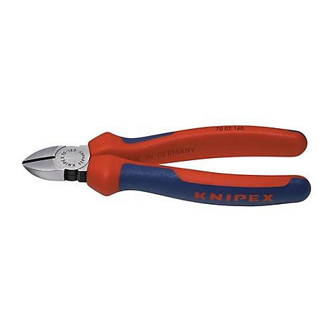 Zijkniptang, rood-blauw, met zilveren snijvlakken. Opschrift: KNIPEX. Made in Germany.