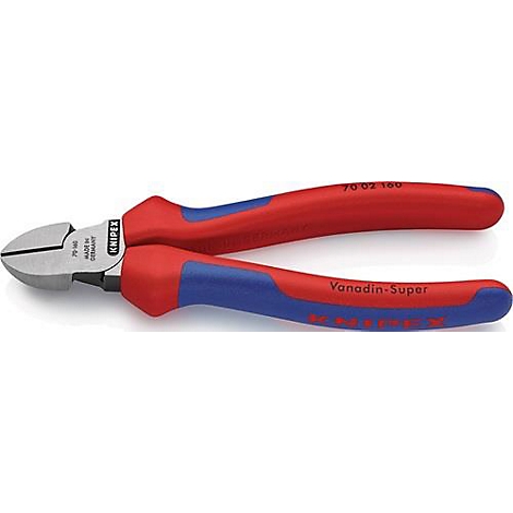 Close-up van een rode en blauwe zijkniptang. Op de tang staat "KNIPEX", "70 02 160" en "Vanadin-Super".