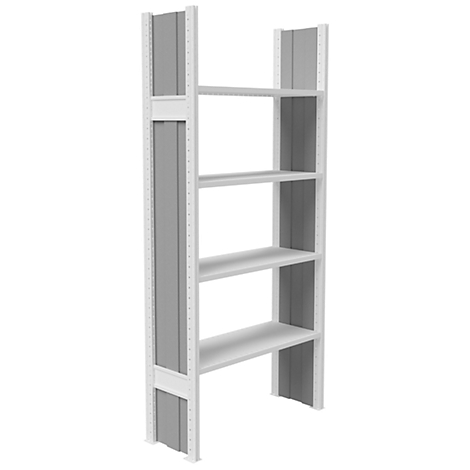 Grijs en wit stellingkast, met vier planken. De stellingkast staat tegen een witte achtergrond.