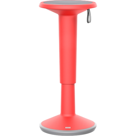 Een rode stahocker, met grijze zitting en voetring.