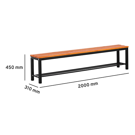 Een lange, bruine houten bank met een zwart metalen frame. Afmetingen: 2000 mm lang, 450 mm hoog, 310 mm diep.