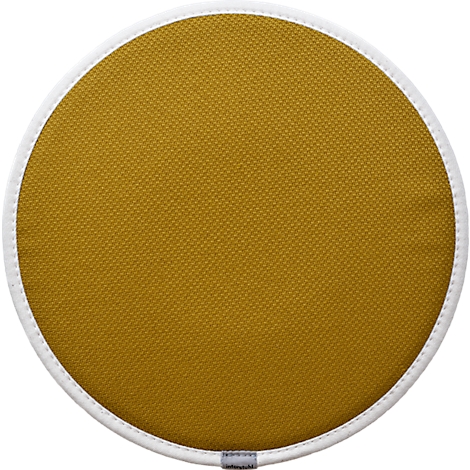 Ronde mosterdkleurige kruk met witte rand, op een neutrale achtergrond.