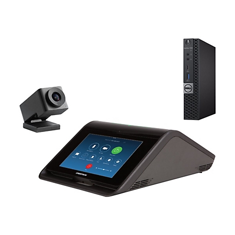 Videokonferenz-Set mit Touchscreen-Bedienteil, Kamera und Dell-PC. Schwarz, modern.