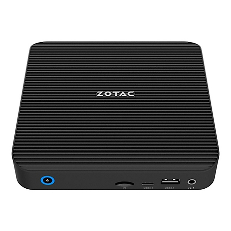 Schwarzer ZOTAC-Mini-PC. Oben Rippen, unten Anschlüsse: Power, SD, USB, Audio.