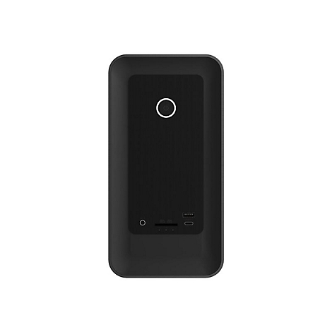 Appareil noir avec une surface lisse, un cercle et un port USB. Sur fond blanc.