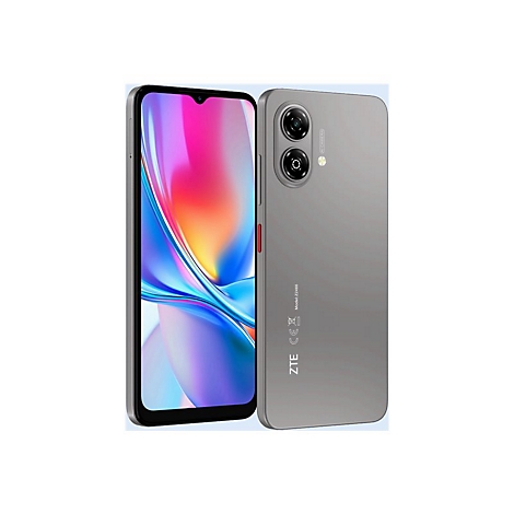 Graues Smartphone mit schwarzem Rahmen, Display mit buntem Muster, Rückseite mit Kamera und Logo.