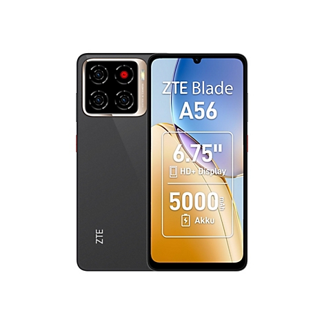 Schwarzes ZTE Blade A56 Smartphone mit 4 Kameras, 6,75" HD+ Display und 5000 mAh Akku.