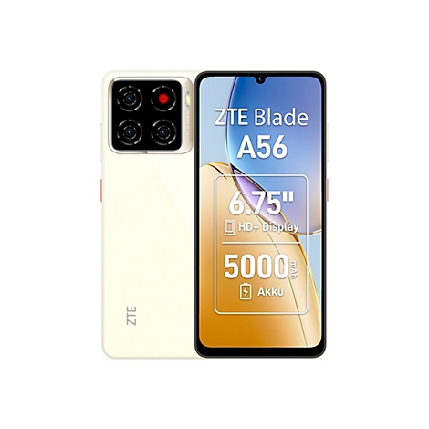 Hellgelbes Smartphone ZTE Blade A56. Auf dem Display stehen Informationen wie Akkukapazität und Displaygröße. Auf der Rückseite ist das ZTE Logo und eine Kamera.