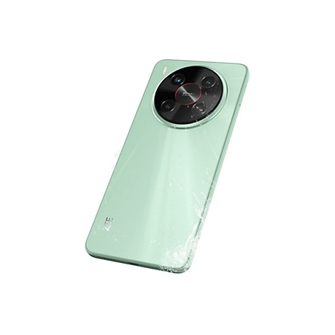 Hellgrünes Smartphone, leicht schräg von hinten gezeigt, mit Wasserspritzern. Deutlich sichtbar: Kamera-Setup, Logo und 50MP-Aufschrift.