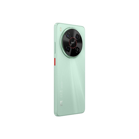 Hellgrünes Smartphone, Kamera-Rückseite, roter Power-Knopf. Schwarze Kameraobjektive.