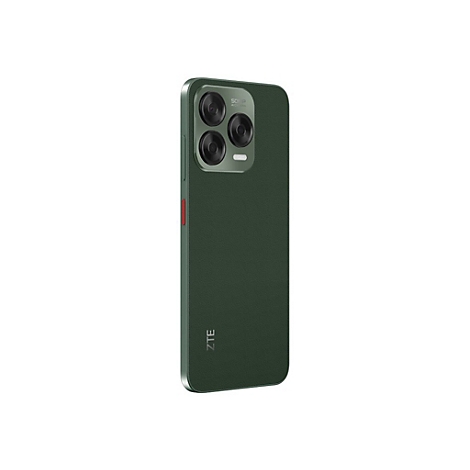 Dunkelgrünes Smartphone mit drei Kameras, silberfarbenen Rändern und roter Taste. Text: ZTE.