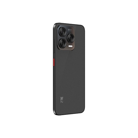 Ein schwarzes Smartphone mit ZTE-Logo. Auf der Rückseite sind Kameraobjektive zu sehen.