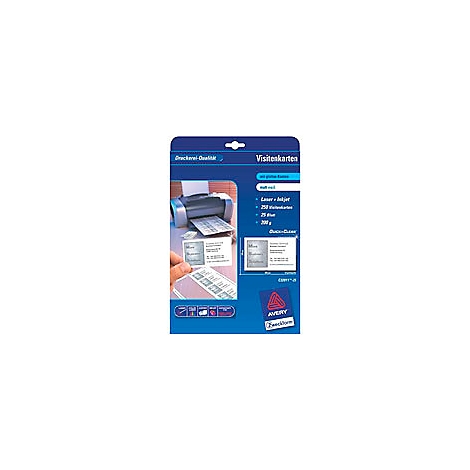 Druckverpackung von Visitenkarten mit Produktabbildung und Drucker im Hintergrund. Text: Visitenkarten, matt weiß, Laser + Inkjet, 250 Visitenkarten, 25 Blatt, 200g.